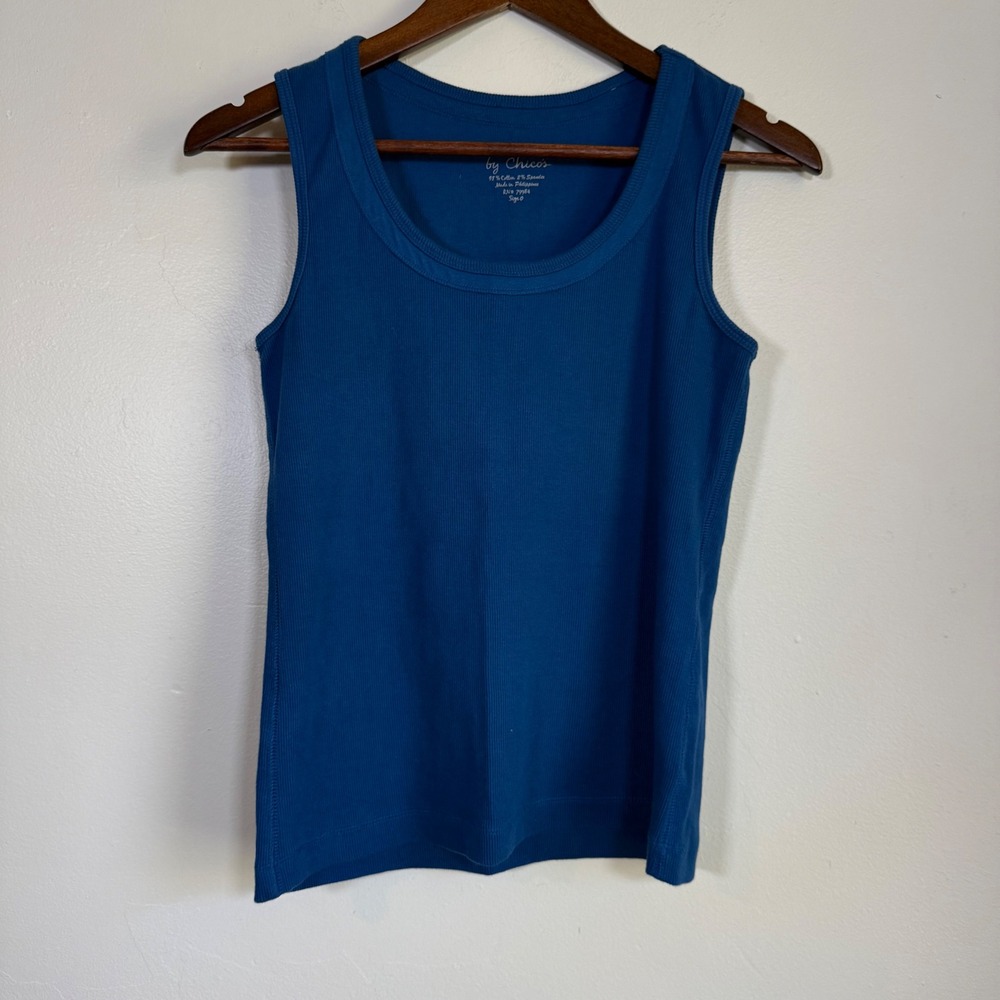 Chico's Ribbed Scoop Neck Stretch Cotton Tank Top Size 0 Blue